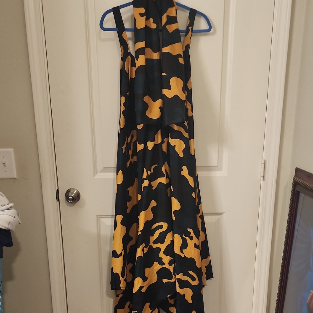 Stylish Green, Black & Gold Camouflage Jumpsuit With Headwrap